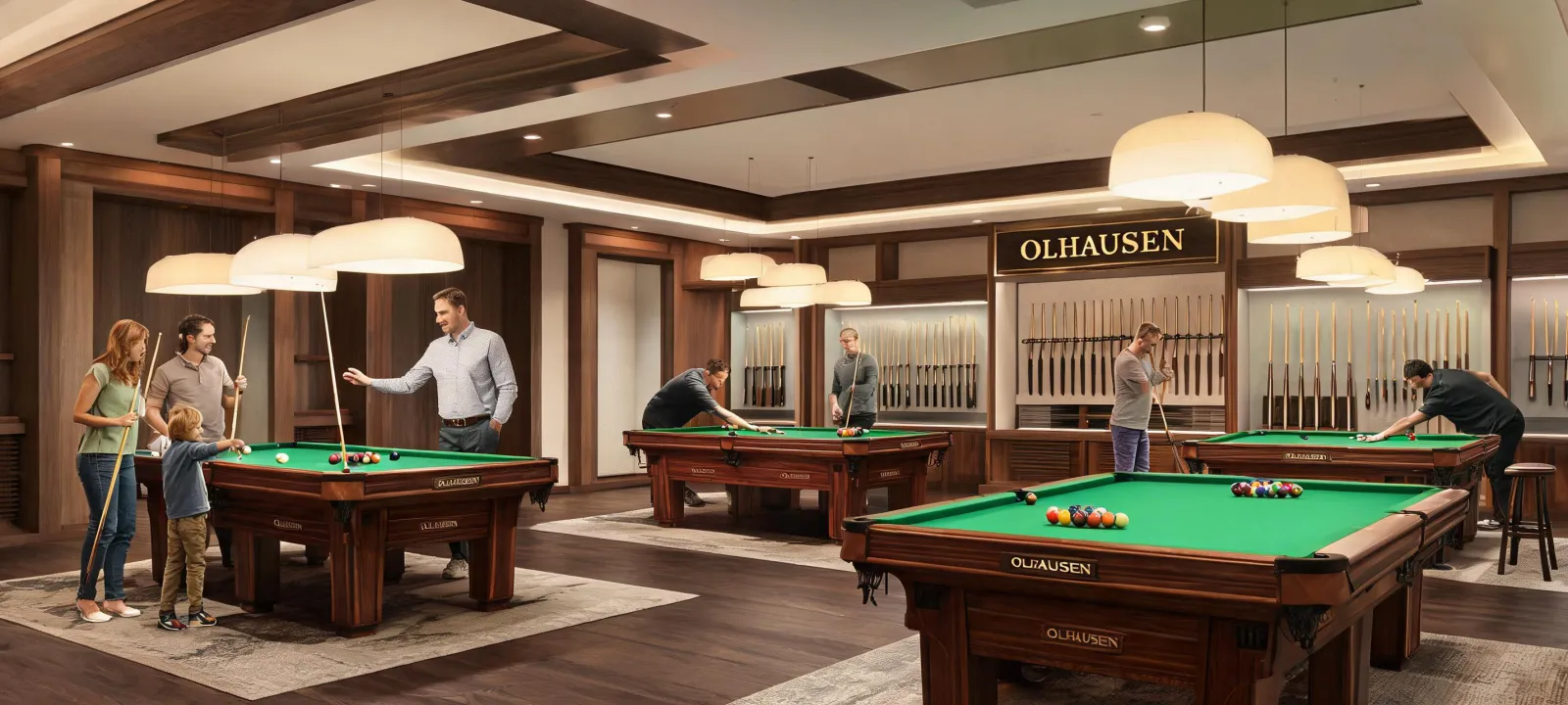 Warm billiards showroom with slate pool tables