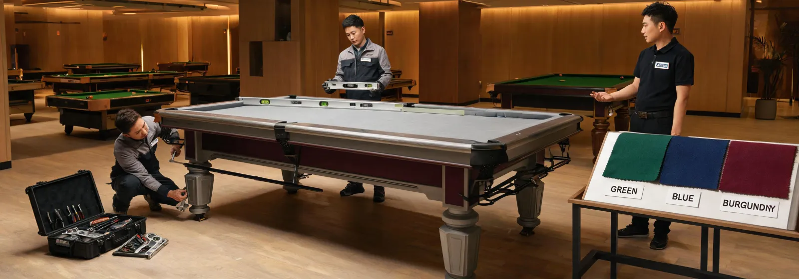 Billiards service crew in showroom
